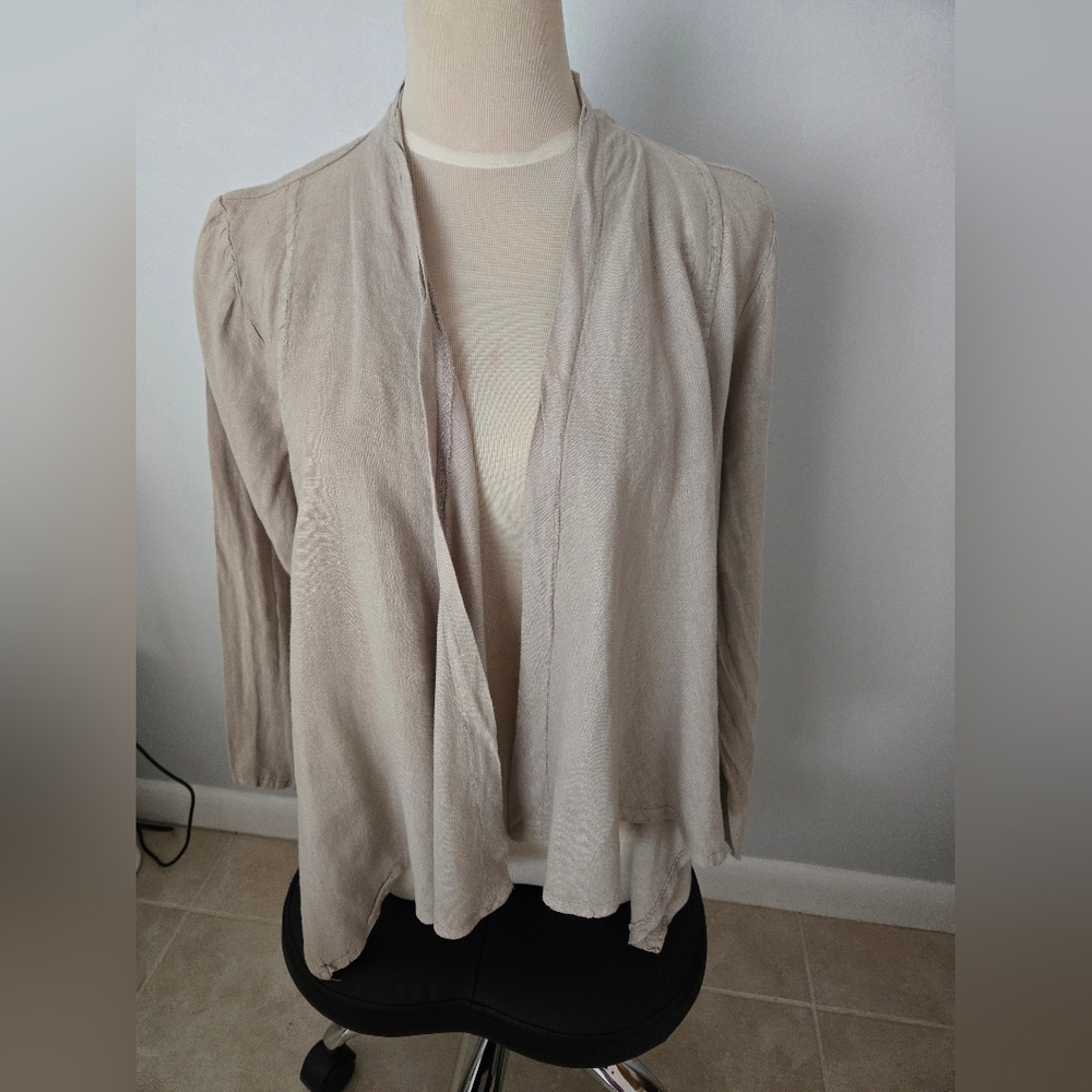CARINA RICCI BEIGE 100% LINEN OPEN FRONT DRAPED LIGHT JACKET LAGENLOOK Small
